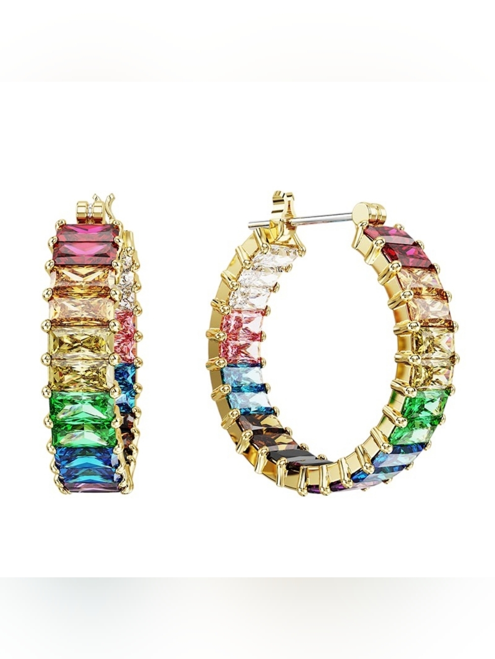 Swarovski Matrix Baguette Cut Hoop Earrings, Rainbow and Gold Tone Plated